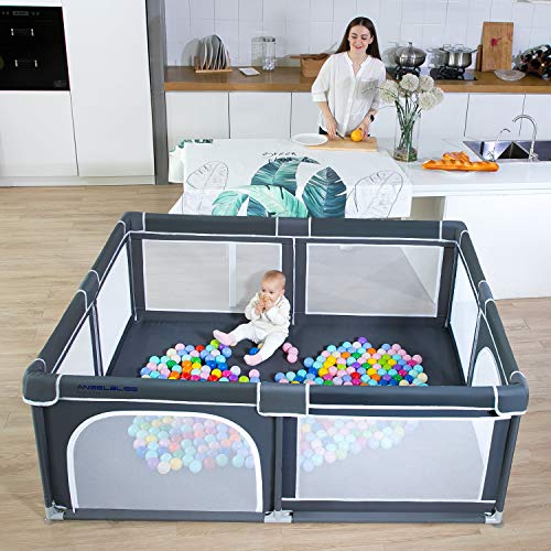 ANGELBLISS Baby Playpen, Extra Large Playard, Indoor & Outdoor Kids Activity Center with Anti-Slip Base, Sturdy Safety Play Yard with Breathable Mesh, Kid's Fence for Infants Toddlers(Black,71”x59”)